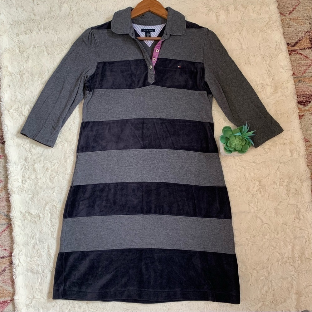 Y2K TOMMY Hilfiger gray and black velvet striped polo shirt dress size medium
